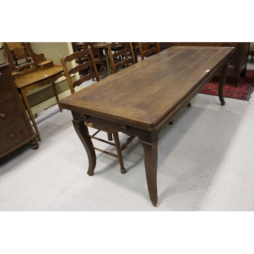 221 - Large French Louis XV style oak drawer leaf dining table, approx 77cm H x 200cm W (closed) x 82cm D