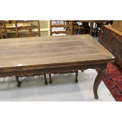 221 - Large French Louis XV style oak drawer leaf dining table, approx 77cm H x 200cm W (closed) x 82cm D