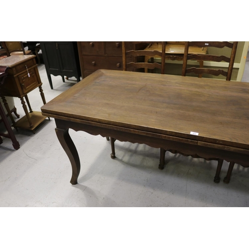 221 - Large French Louis XV style oak drawer leaf dining table, approx 77cm H x 200cm W (closed) x 82cm D