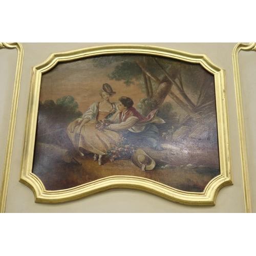 233 - Antique French trumeau mirror, painted upper panel of two lovers, approx 165cm H x 109cm W