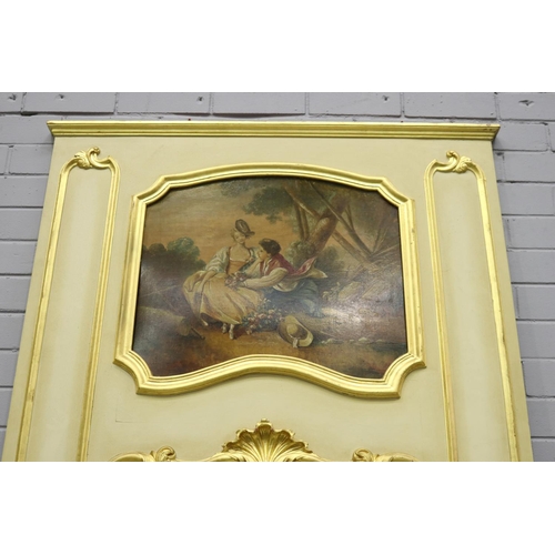 233 - Antique French trumeau mirror, painted upper panel of two lovers, approx 165cm H x 109cm W