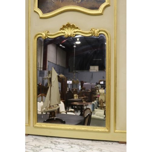 233 - Antique French trumeau mirror, painted upper panel of two lovers, approx 165cm H x 109cm W