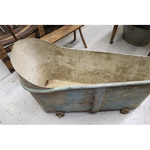 1 - Antique French bath tub with wooden wheels, approx 84cm H x 134cm W x 54cm D