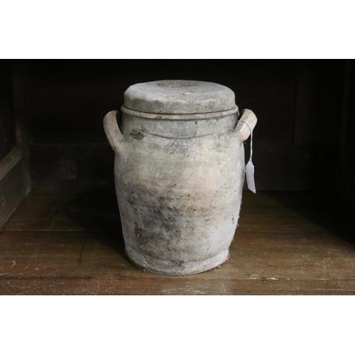 12 - French stoneware lidded twin handled confit pot, approx 25cm H