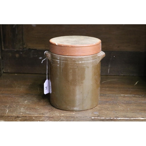 21 - French glazed stoneware lidded confit pot, approx 19cm H
