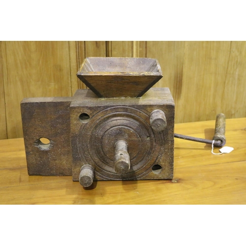 305 - Antique French iron & wooden coffee grinder, approx 26cm H x 36cm W