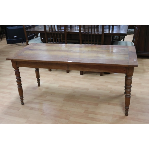 309 - Antique French cherrywood turned leg country table, fitted with a single drawer to one end, approx 7... 