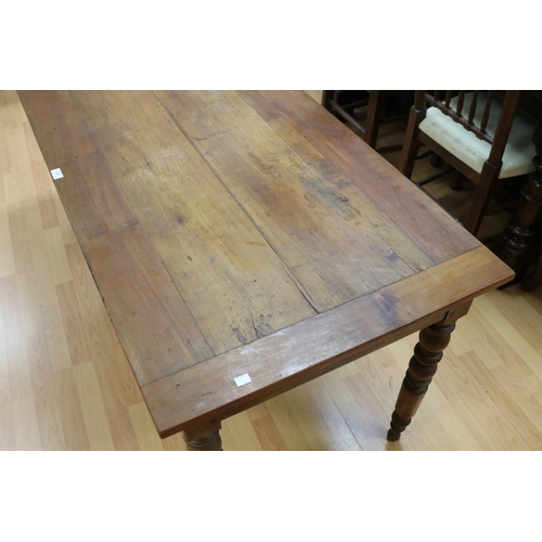 309 - Antique French cherrywood turned leg country table, fitted with a single drawer to one end, approx 7... 