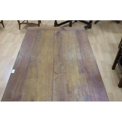 309 - Antique French cherrywood turned leg country table, fitted with a single drawer to one end, approx 7... 