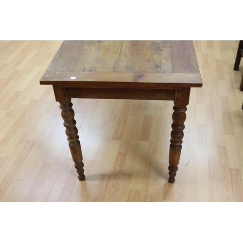 309 - Antique French cherrywood turned leg country table, fitted with a single drawer to one end, approx 7... 