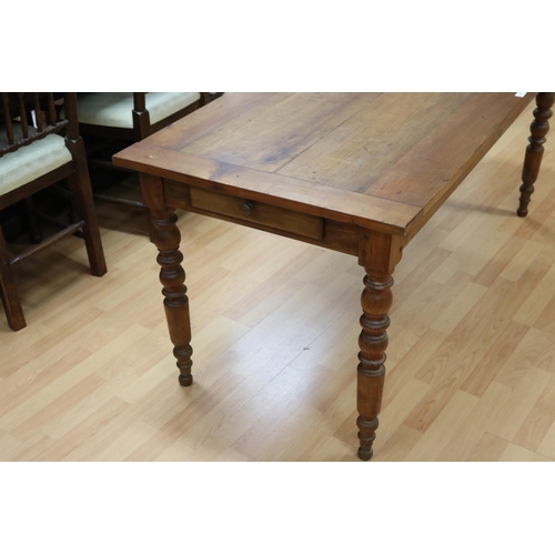 309 - Antique French cherrywood turned leg country table, fitted with a single drawer to one end, approx 7... 