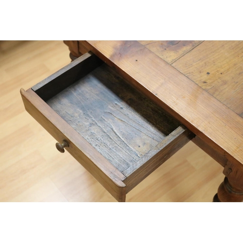 309 - Antique French cherrywood turned leg country table, fitted with a single drawer to one end, approx 7... 