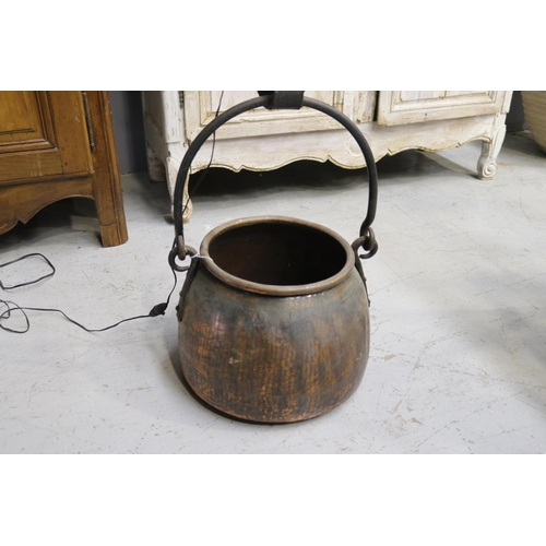 48 - Unique French copper pot mounted with firejack, converted to a lamp, approx 124cm H