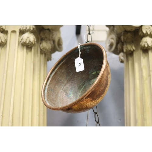 54 - Small antique French copper pan with single circular handle, approx 10cm H x 24cm Dia