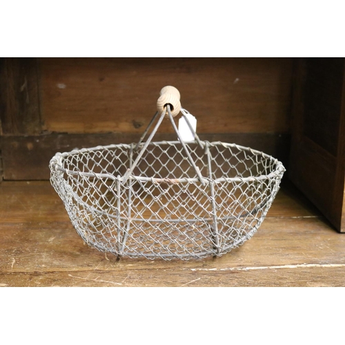 64 - Vintage French wirework basket with wooden handle, approx 22cm H including handle x 32cm W x 23cm D