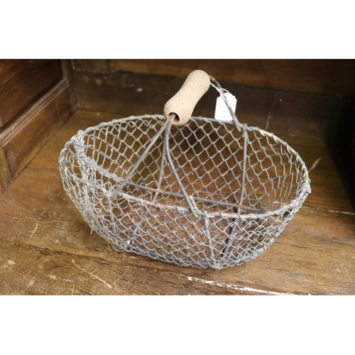 64 - Vintage French wirework basket with wooden handle, approx 22cm H including handle x 32cm W x 23cm D