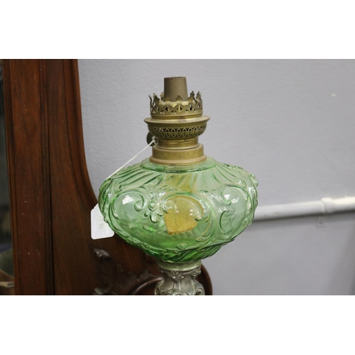 103 - French oil lamp with green glass reservoir, approx 39cm H