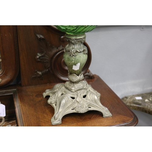 103 - French oil lamp with green glass reservoir, approx 39cm H