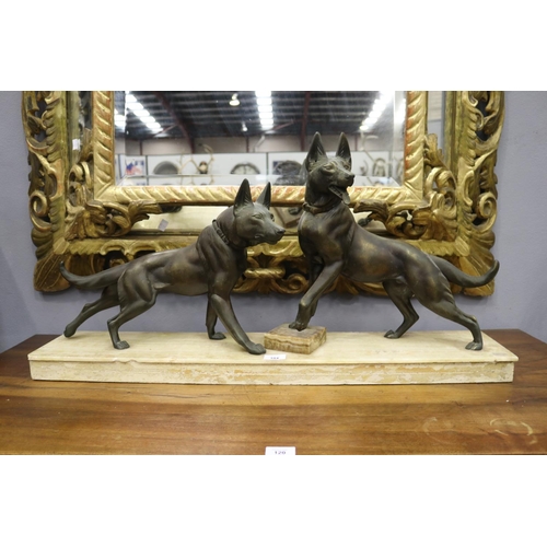 104 - French sculpture of two Alsatians on marble base A/F, approx 44cm H x 89cm W x 17cm D