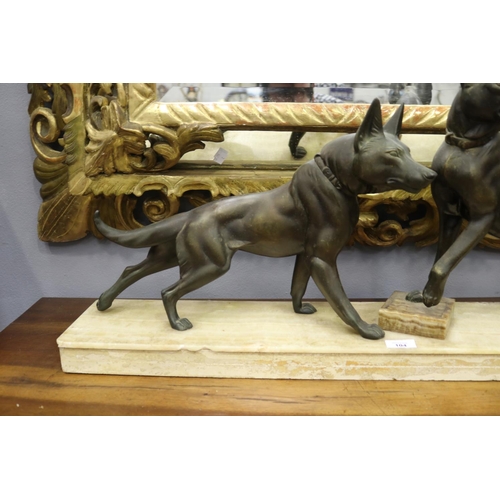 104 - French sculpture of two Alsatians on marble base A/F, approx 44cm H x 89cm W x 17cm D