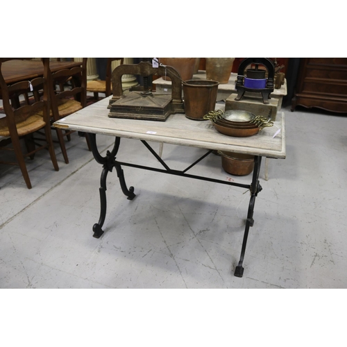 78 - French bistro table with wooden top on cast iron base, approx 70cm H x 100cm W x 57cm D
