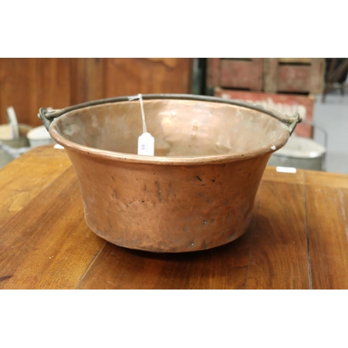 85 - French swing handled copper pan, approx 18cm H ex handle x 35cm Dia