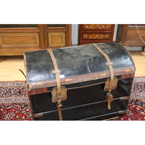 346 - Large antique French travelling trunk, ebonized woven canvas over a woven cane frame, with thick bro... 