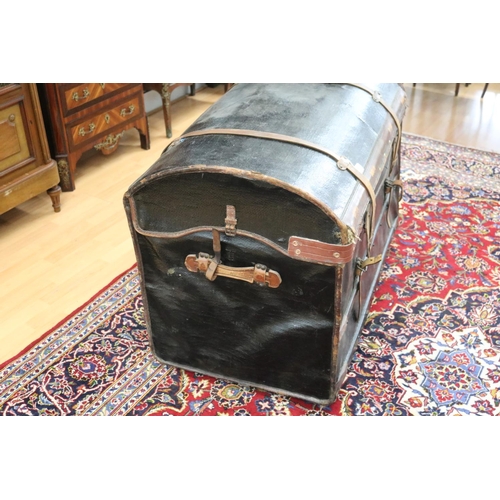 346 - Large antique French travelling trunk, ebonized woven canvas over a woven cane frame, with thick bro... 