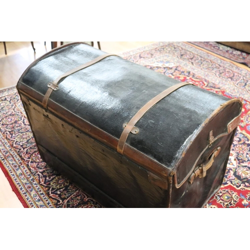 346 - Large antique French travelling trunk, ebonized woven canvas over a woven cane frame, with thick bro... 