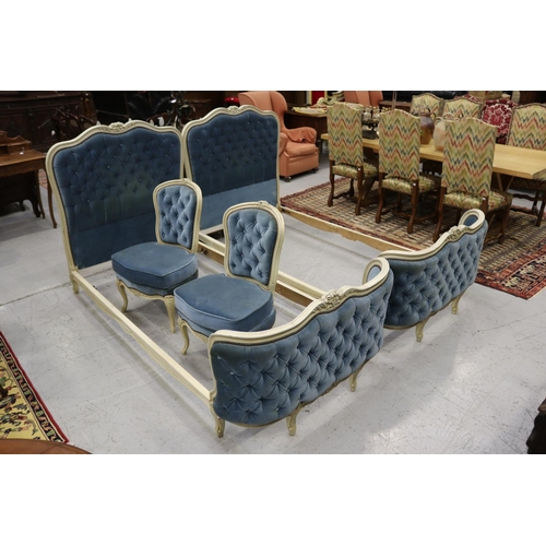 347 - Pair of French painted Louis XV style beds with a matching pair of bedroom chairs, beds each approx ... 