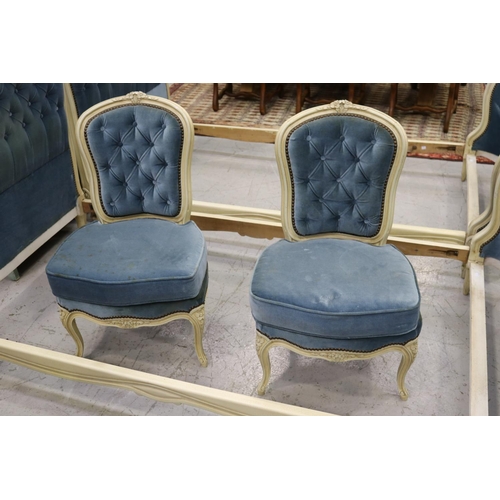 347 - Pair of French painted Louis XV style beds with a matching pair of bedroom chairs, beds each approx ... 