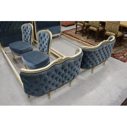 347 - Pair of French painted Louis XV style beds with a matching pair of bedroom chairs, beds each approx ... 