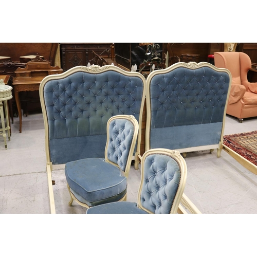 347 - Pair of French painted Louis XV style beds with a matching pair of bedroom chairs, beds each approx ... 