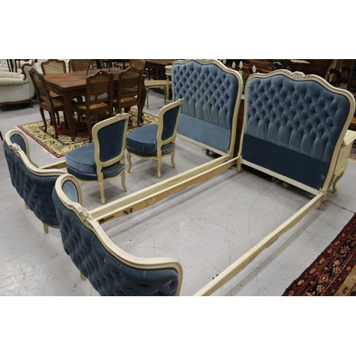 347 - Pair of French painted Louis XV style beds with a matching pair of bedroom chairs, beds each approx ... 