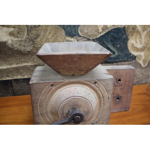 352 - Large antique wood coffee or grain grinder, approx 26cm H x 35cm W