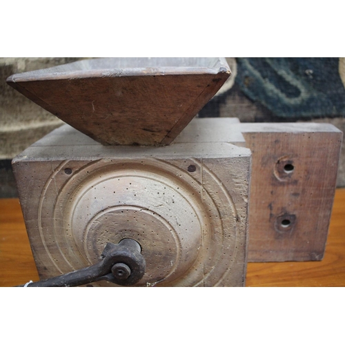 352 - Large antique wood coffee or grain grinder, approx 26cm H x 35cm W