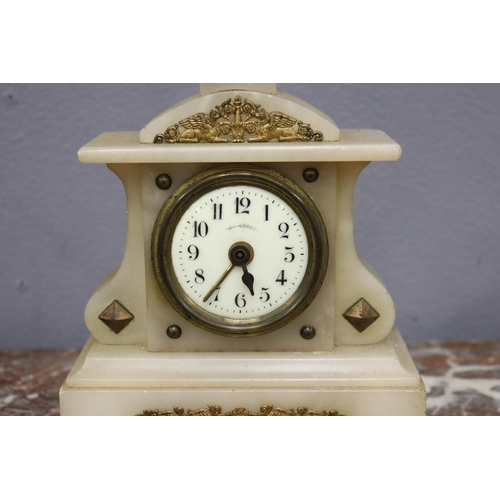 111 - Small marble clock, movement loose, missing back plate with a loose finial, unknown working conditio... 