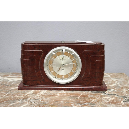 113 - Art Deco bakelite clock, unknown working condition, approx 11.5cm H x 22cm W x 6cm D