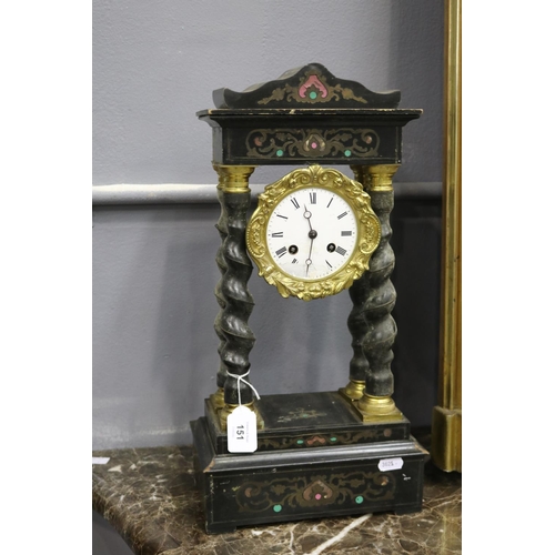 151 - French Napoleon III portico marquetry clock with pink and green decorations, circa 1850s-70s?,no key... 