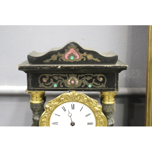 151 - French Napoleon III portico marquetry clock with pink and green decorations, circa 1850s-70s?,no key... 