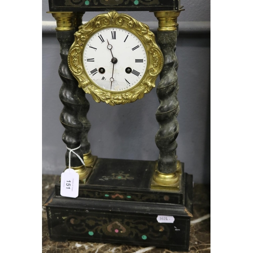 151 - French Napoleon III portico marquetry clock with pink and green decorations, circa 1850s-70s?,no key... 