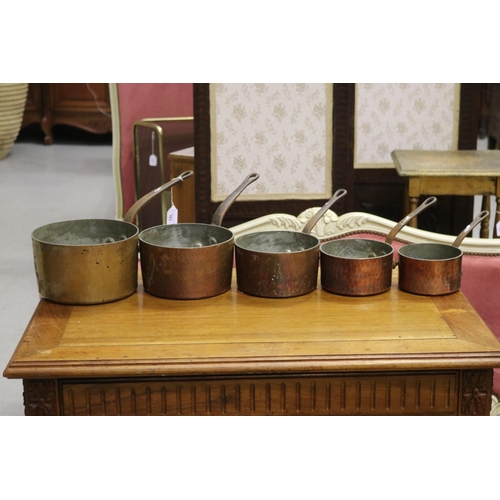 163 - Set of five French copper and wrought iron heavy gauge saucepans, approx 21cm Dia and smaller (5)