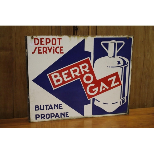 364 - Vintage French double sided enamel sign, Berrogaz Depot Service, Butane Prophane, approx 40cm H x 50... 