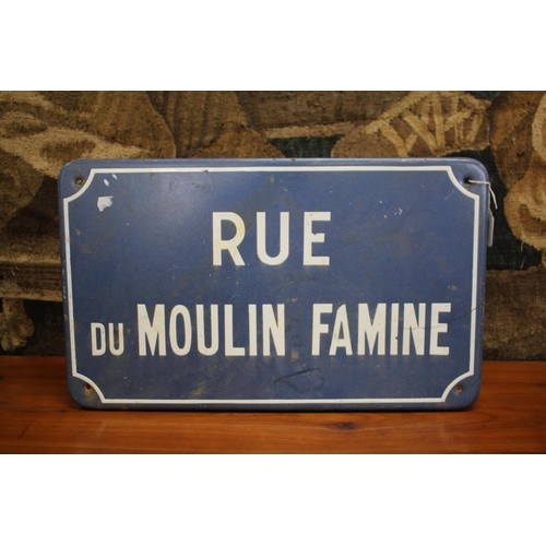 397 - French enamel street sign, marked 'Rue Du Moulin Famine', approx 30cm H x 50cm W