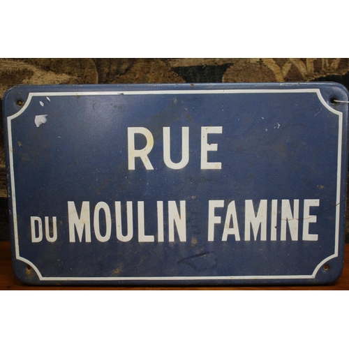 397 - French enamel street sign, marked 'Rue Du Moulin Famine', approx 30cm H x 50cm W