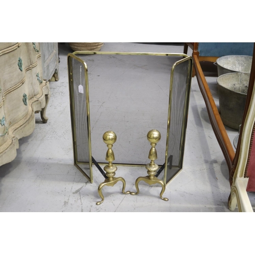 175 - Modern fireguard and pair of andirons, fireguard approx 70cm H x 106cm W (3)