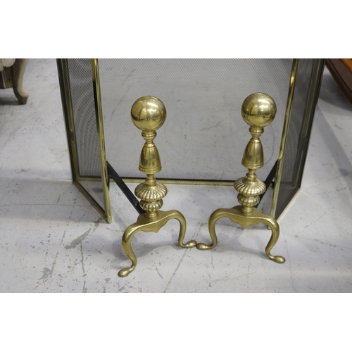 175 - Modern fireguard and pair of andirons, fireguard approx 70cm H x 106cm W (3)