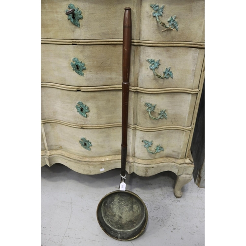 179 - Antique French brass pan with long handle, approx 109cm L