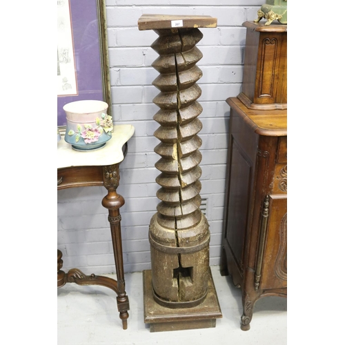 207 - Antique mill screw converted to a jardiniere stand, damaged, approx 144cm H