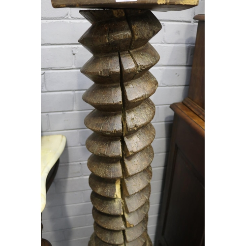 207 - Antique mill screw converted to a jardiniere stand, damaged, approx 144cm H